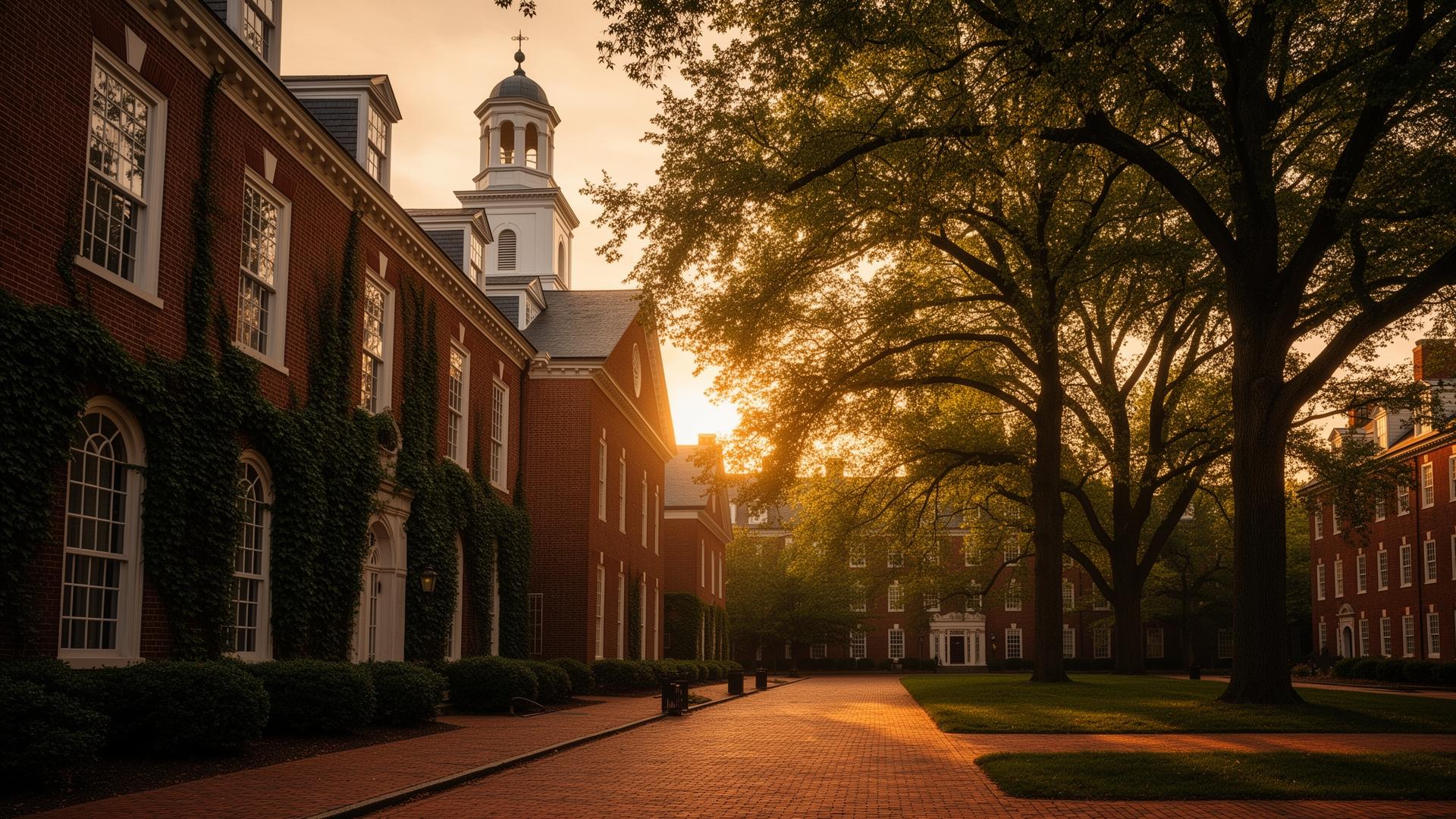 Ivy-covered collegiate campus at golden hour